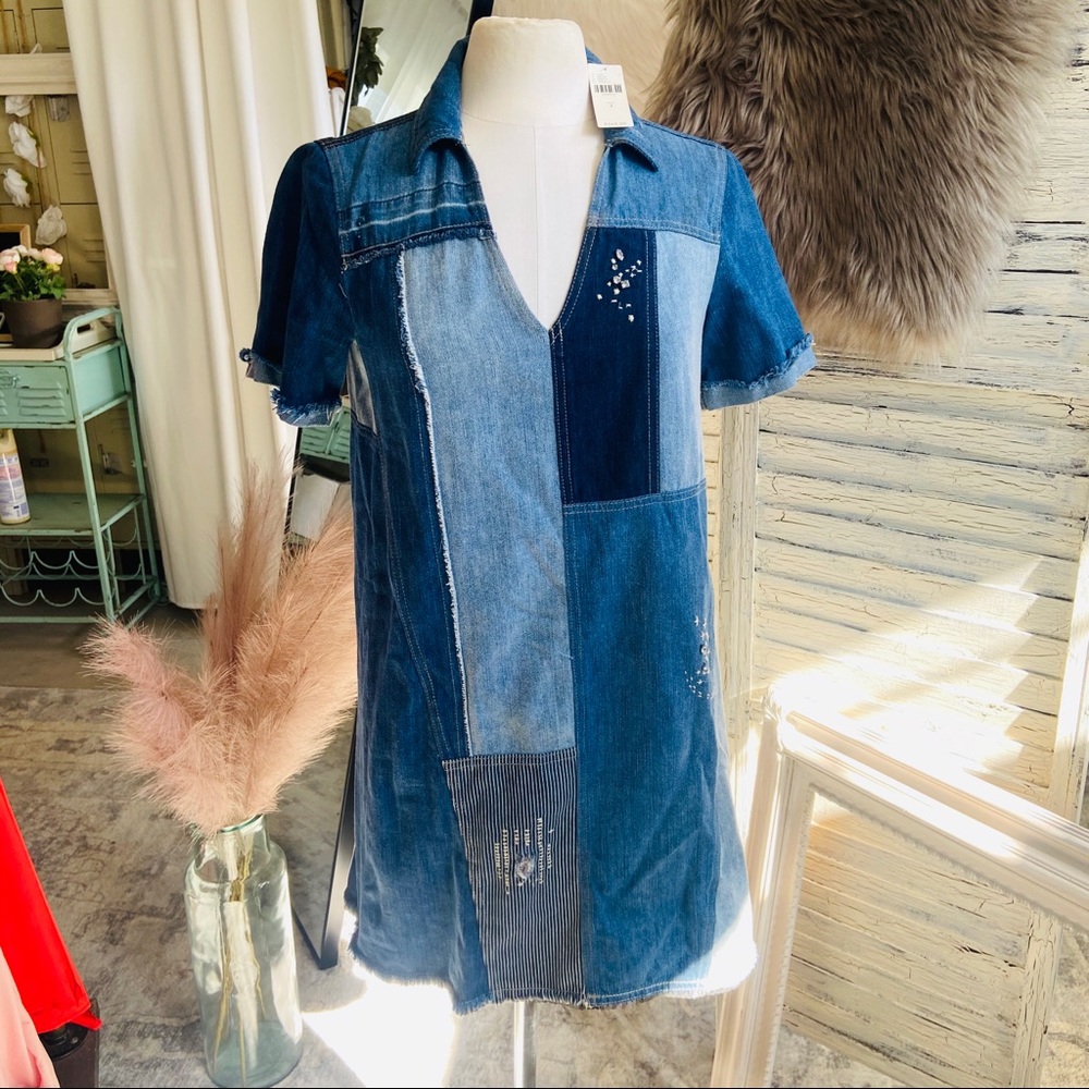 New! anthropologie holding horses patched denim embellished short sleeve dress